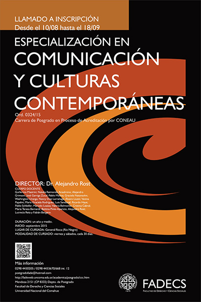 ESTE VIERNES SE INAUGURA LA ESPECIALIZACIÓN EN COMUNICACIÓN Y CULTURAS CONTEMPORÁNEAS EN LA FADECS